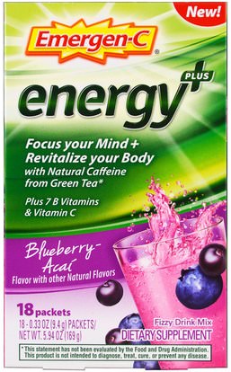 Emergen-C, Energy Plus, Blueberry Acai, 18 Packets, 0.33 oz (9.4 g) Each ,الفيتامينات، فيتامين ج