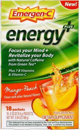 Emergen-C, Energy Plus, Peach Mango, 18 Packets, 0.33 oz (9.4 g) Each ,الفيتامينات، فيتامين ج