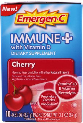 Emergen-C, Immune Plus with Vitamin D, Cherry, 10 Packets, 0.31 oz (8.7 g) Each ,الفيتامينات، فيتامين d3