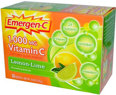 Emergen-C, Vitamin C, Flavored Fizzy Drink Mix, Lemon-Lime, 1,000 mg, 30 Packets, 9.3 g Each ,الفيتامينات، فيتامين ج