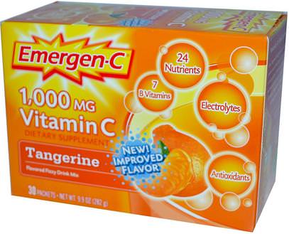 Emergen-C, Vitamin C, Flavored Fizzy Drink Mix, Tangerine, 1,000 mg, 30 Packets, 9.4 g Each ,الفيتامينات، فيتامين ج