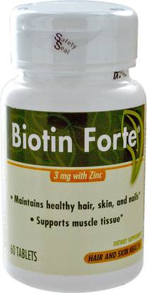Enzymatic Therapy, Biotin Forte, 3 mg with Zinc, 60 Tablets ,الفيتامينات، فيتامين ب