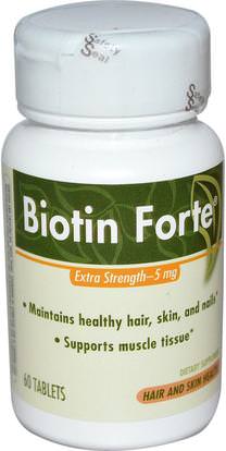 Enzymatic Therapy, Biotin Forte, Extra Strength, 5 mg, 60 Tablets ,الفيتامينات، فيتامين ب