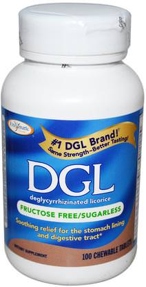 Enzymatic Therapy, DGL, Deglycyrrhizinated Licorice, Fructose Free/Sugarless, 100 Chewable Tablets ,والمكملات الغذائية، والصحة