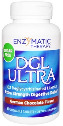 Enzymatic Therapy, DGL Ultra, Sugar Free, German Chocolate Flavor, 90 Chewable Tablets ,والمكملات الغذائية، والصحة