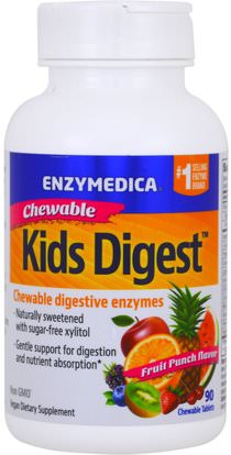 Enzymedica, Kids Digest, Chewable Digestive Enzymes, Fruit Punch, 90 Chewable Tablets ,والمكملات الغذائية، والإنزيمات الهاضمة