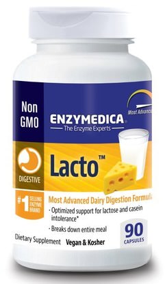 Enzymedica, Lacto, Most Advanced Dairy Digestion Formula, 90 Capsules ,والمكملات الغذائية، والإنزيمات الهاضمة