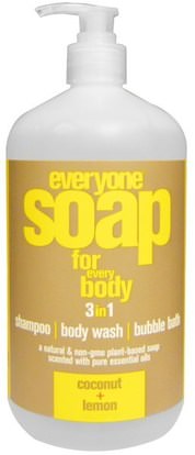 EO Products, Everyone Soap for Every Body, 3 in 1, Coconut + Lemon, 32 fl oz (946 ml) ,حمام، الجمال، الشعر، فروة الرأس، الشامبو، مكيف