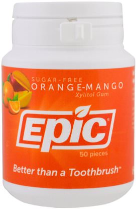 Epic Dental, Xylitol Gum, Sugar-Free, Orange-Mango, 50 Pieces ,حمام، الجمال، العناية بالأسنان عن طريق الفم، النعناع الأسنان اللثة، مضغ العلكة