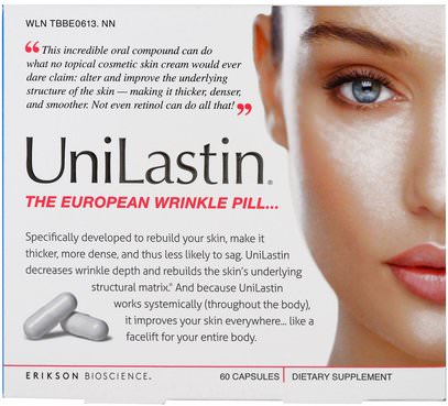 Erikson Bioscience, UniLastin, The European Wrinkle Pill, 60 Capsules ,الصحة، عظم، هشاشة العظام، الكولاجين، حمم، الجمال