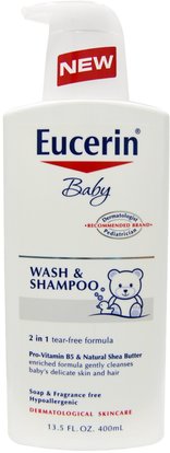 Eucerin, Baby, Wash & Shampoo, Fragrance Free, 13.5 fl oz (400 ml) ,حمام، الجمال، هلام الاستحمام، الاطفال غسل الجسم، هلام الاستحمام الاطفال