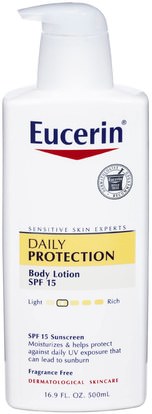 Eucerin, Lotion, Daily Hydration, Dry Skin, SPF 15 Suncreen, Fragrance Free, 16.9 fl oz (500 ml) ,الجمال، العناية بالوجه، يوسيرين الرطوبة اليومية، سف العناية بالوجه