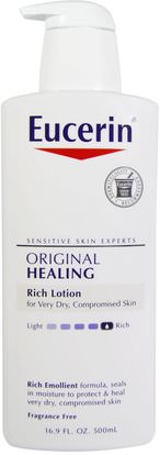 Eucerin, Original Healing, Rich Lotion, Fragrance Free, 16.9 fl oz (500 ml) ,حمام، الجمال، غسول الجسم، يوسيرين الرطوبة اليومية