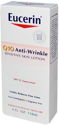 Eucerin, Q10 Anti-Wrinkle Sensitive Skin Lotion, SPF 15 Sunscreen, 4 fl oz (118 ml) ,الجمال، العناية بالوجه، يوسيرين العناية بالوجه، سف العناية بالوجه
