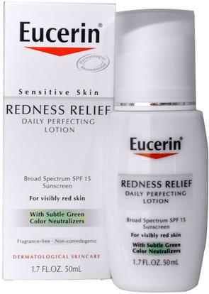 Eucerin, Redness Relief, Daily Perfecting Lotion SPF 15, Fragrance Free, 1.7 fl oz (50 ml) ,حمام، الجمال، واقية من الشمس، سف 05-25، يوسيرين العناية بالوجه
