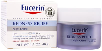 Eucerin, Redness Relief, Dermatological Skincare, Night Creme, 1.7 oz (48 g) ,الجمال، العناية بالوجه، يوسيرين العناية بالوجه، نوع الجلد الوردية، البشرة الحساسة