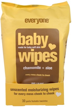 Everyone, Baby Wipes, Chamomile Plus Aloe, 30 Gentle Flushable Towelettes ,صحة الطفل، حفاضات، مناديل الطفل
