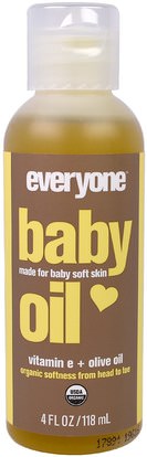 Everyone, Organic Baby Oil, Vitamin E+ Olive Oil, 4 fl oz (118 ml) ,صحة الطفل، حفاضات، زيوت مسحوق الطفل، حمام، الجمال، العناية بالجسم
