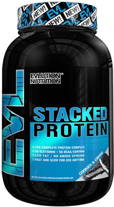 EVLution Nutrition, Stacked Protein, Cookies & Cream, 2 lb (888 g) ,والرياضة، والمكملات الغذائية، بروتين مصل اللبن