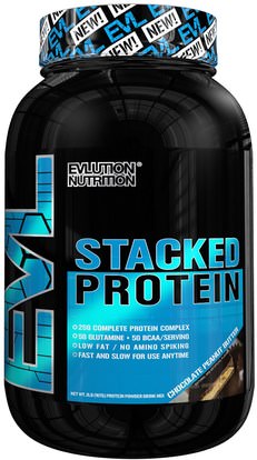 EVLution Nutrition, Stacked Protein Drink Mix, Chocolate Peanut Butter, 2 lb (888 g) ,والرياضة، والمكملات الغذائية، بروتين مصل اللبن