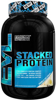 EVLution Nutrition, Stacked Protein Drink Mix, Vanilla Ice Cream, 2 lb (900 g) ,والرياضة، والمكملات الغذائية، بروتين مصل اللبن
