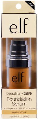 وجه E.L.F. Cosmetics, Beautifully Bare Foundation Serum, Broad Spectrum SPF 25 Sunscreen, Medium/Dark, 0.47 fl oz (14 ml)