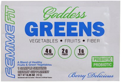 FEMME, Goddess Greens, Acai + Spirulina + Chlorella Super Food Mix, Berry Delicious, 0.35 oz (10 g) ,المكملات الغذائية، سوبرفوودس