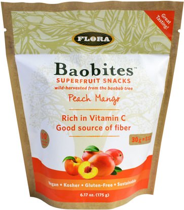 Flora, Baobites Superfruit Snacks, Peach Mango, 6.17 oz (175 g) ,الغذاء، والوجبات الخفيفة، مقتطفات الفاكهة، سوبر الفواكه
