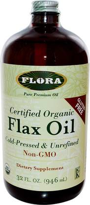 Flora, Certified Organic Flax Oil, 32 fl oz (946 ml) ,المكملات الغذائية، إيفا أوميجا 3 6 9 (إيبا دا)، الكتان النفط السائل