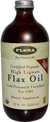 Flora, Certified Organic, High Lignan Flax Oil, 17 fl oz (500 ml) ,المكملات الغذائية، إيفا أوميجا 3 6 9 (إيبا دا)، زيت الكتان