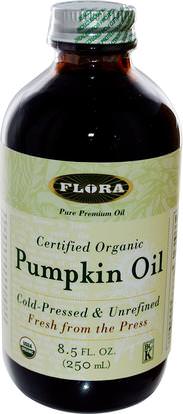 Flora, Certified Organic Pumpkin Oil, 8.5 fl oz (250 ml) ,المكملات الغذائية، إيفا أوميجا 3 6 9 (إيبا دا)، زيت بذور اليقطين