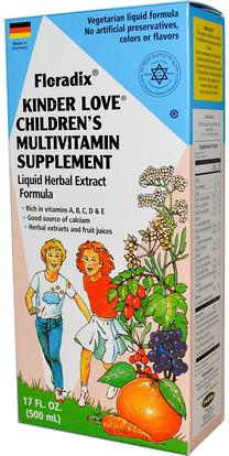 Flora, Floradix, Kinder Love, Childrens Multivitamin Supplement, 17 fl oz (500 ml) ,الفيتامينات، الفيتامينات المتعددة، الأطفال الفيتامينات المتعددة، الفيتامينات السائلة