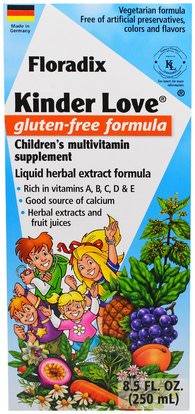Flora, Floradix, Kinder Love, Childrens Multivitamin Supplement, Gluten Free Formula, 8.5 fl oz (250 ml) ,الفيتامينات، الفيتامينات، الأطفال الفيتامينات، صحة الأطفال، المكملات الغذائية للأطفال