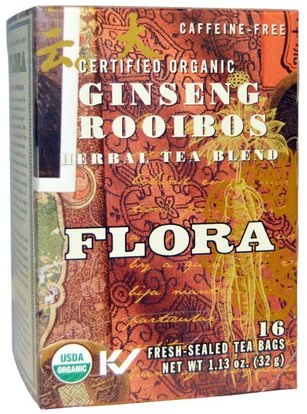 Flora, Herbal Tea Blend, Certified Organic Ginseng Rooibos, Caffeine Free, 16 Tea Bags, 1.13 oz (32 g) ,الغذاء، الشاي العشبية، الشاي الجينسنغ، المكملات الغذائية، أدابتوغن