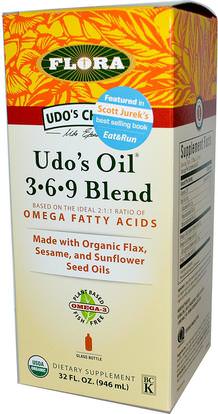 Flora, Udos Choice, Udos Oil 369 Blend, 32 fl oz (946 ml) ,المكملات الغذائية، إيفا أوميجا 3 6 9 (إيبا دا)، الكتان النفط السائل، النباتات أودوس الزيوت