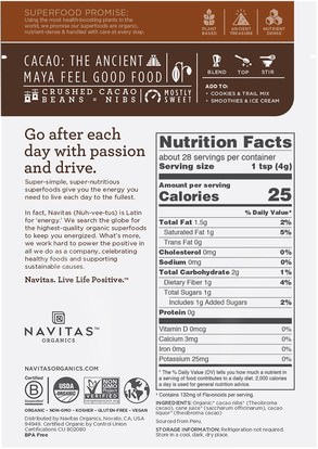 الطعام، الكاكاو، (كاساو)، شراب من الشوك Navitas Organics, Organic, Cacao Sweet Nibs, 4 oz (113 g)