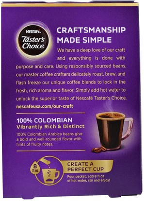 الغذاء، القهوة، القهوة الفورية، كيتو ودية Nescaf, Tasters Choice, Instant Coffee, 100% Colombian, 16 Single Serve Packets, 0.1 oz (3 g) Each