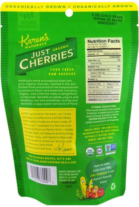 الغذاء، مقتطفات الفاكهة المجففة، الكرز (الفاكهة السوداء البرية) Karens Naturals, Just Organic Cherries, 2 oz (56 g)