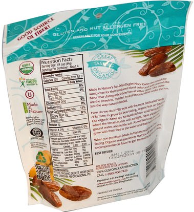 الطعام، الفاكهة المجفوفة Made in Nature, Organic Dates, Pitted, Sun-Dried & Unsulfured, 6 oz (170 g)