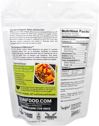 الطعام، الفاكهة المجفوفة، التوت Sunfood, Raw Organic White Mulberries, 8 oz (227 g)