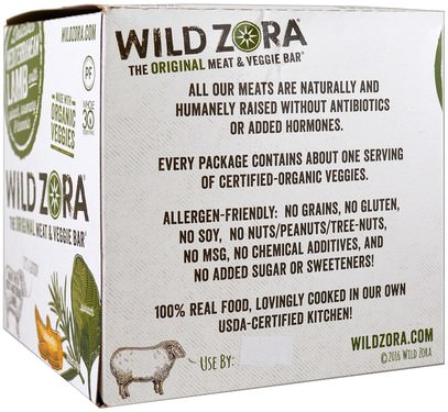 الطعام، الفاكهة المجفوفة، الوجبات الخفيفة Wild Zora Foods LLC, Meat & Veggie Bar, Mediterranean Lamb with Spinach, Rosemary & Turmeric, 10 Packs, 1.0 oz (28 g) Each