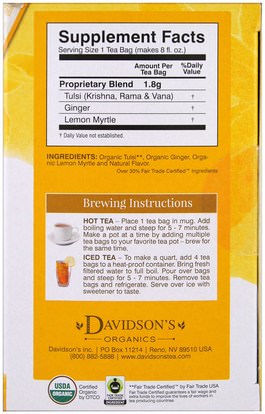 الغذاء، شاي الأعشاب، شاي الزنجبيل Davidsons Tea, Tulsi, Organic, Ginger Lemon Tea, Caffeine-Free, 25 Tea Bags, 1.58 oz (45 g)
