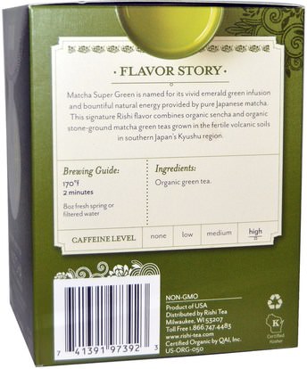 الطعام، شاي الأعشاب، الشاي الأخضر Rishi Tea, Organic Green Tea, Matcha Super Green, 15 Tea Bags 1.43 oz (40.5 g)