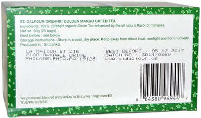 الطعام، شاي الأعشاب، الشاي الأخضر St. Dalfour, Organic, Golden Mango Green Tea, 25 Envelopes, 1.75 oz (50 g)
