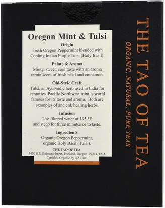 الطعام، شاي العشبية، الصحة The Tao of Tea, Organic Oregon Mint & Tulsi, 15 Pyramid Sachets, 1.05 oz (30 g)
