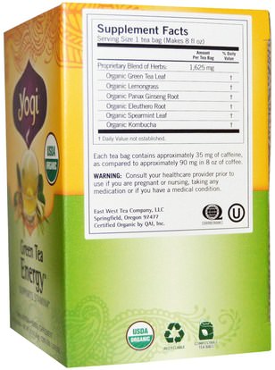 الطعام، شاي الأعشاب، كومبوتشا الشاي العشبية، المكملات الغذائية، كومبوتشا Yogi Tea, Organic Green Tea Energy, Caffeine, 16 Tea Bags.92 oz (26 g)