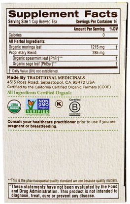 الطعام، شاي الأعشاب، سبارمينت Traditional Medicinals, Organic Moringa with Spearmint & Sage, 16 Wrapped Tea Bags, 86 oz (24 g)