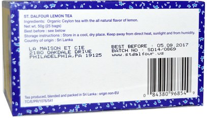 الطعام، شاي الأعشاب St. Dalfour, Organic, Lemon Tea, 25 Envelopes, 1.75 oz (50 g)