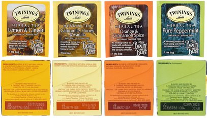 الغذاء، الشاي العشبية، هدية مجموعات Twinings, Herbal Tea Variety Pack, Special Edition, Beauty and the Beast, 4 Boxes, 20 Tea Bags Each