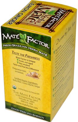 الطعام، شاي الأعشاب، يربا، ميت Mate Factor, Organic Yerba Mat, Lemon Ginger, 20 Tea Bags, 2.47 oz (70 g)